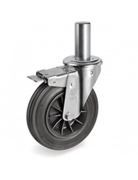 Roulette pivotante à frein diamètre 200 mm caoutchouc noir tige lisse 26 x 56 mm