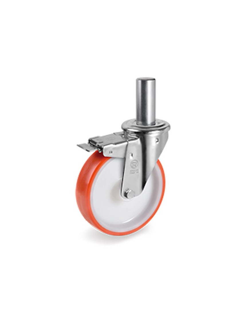 Roulette pivotante à frein diamètre 100 mm polyuréthane rouge tige lisse 22 x 47 mm