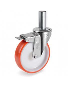 Roulette pivotante à frein diamètre 200 mm polyuréthane rouge tige lisse 26 x 56 mm