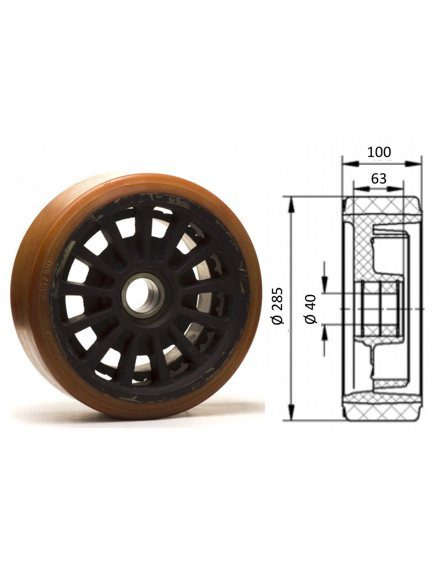 Roue porteuse 285 x 100 + FREIN. ( Jungheinrich 63195320 )