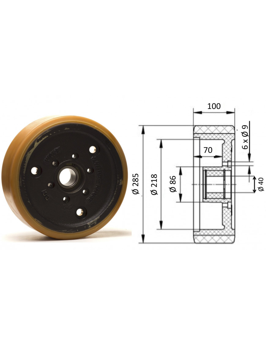 Roue porteuse 285 x 100 + FREIN.  ( Jungheinrich 50262621 )