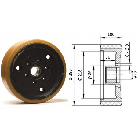 Roue porteuse 285 x 100 + FREIN.  ( Jungheinrich 50262621 )